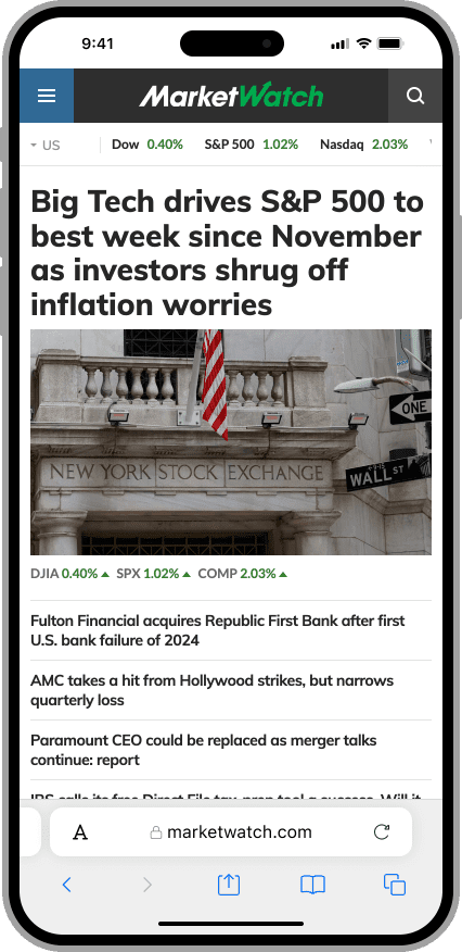 The same website but rendered on a mobile phone with a single column of articles organized under a compressed masthead displaying market data.
